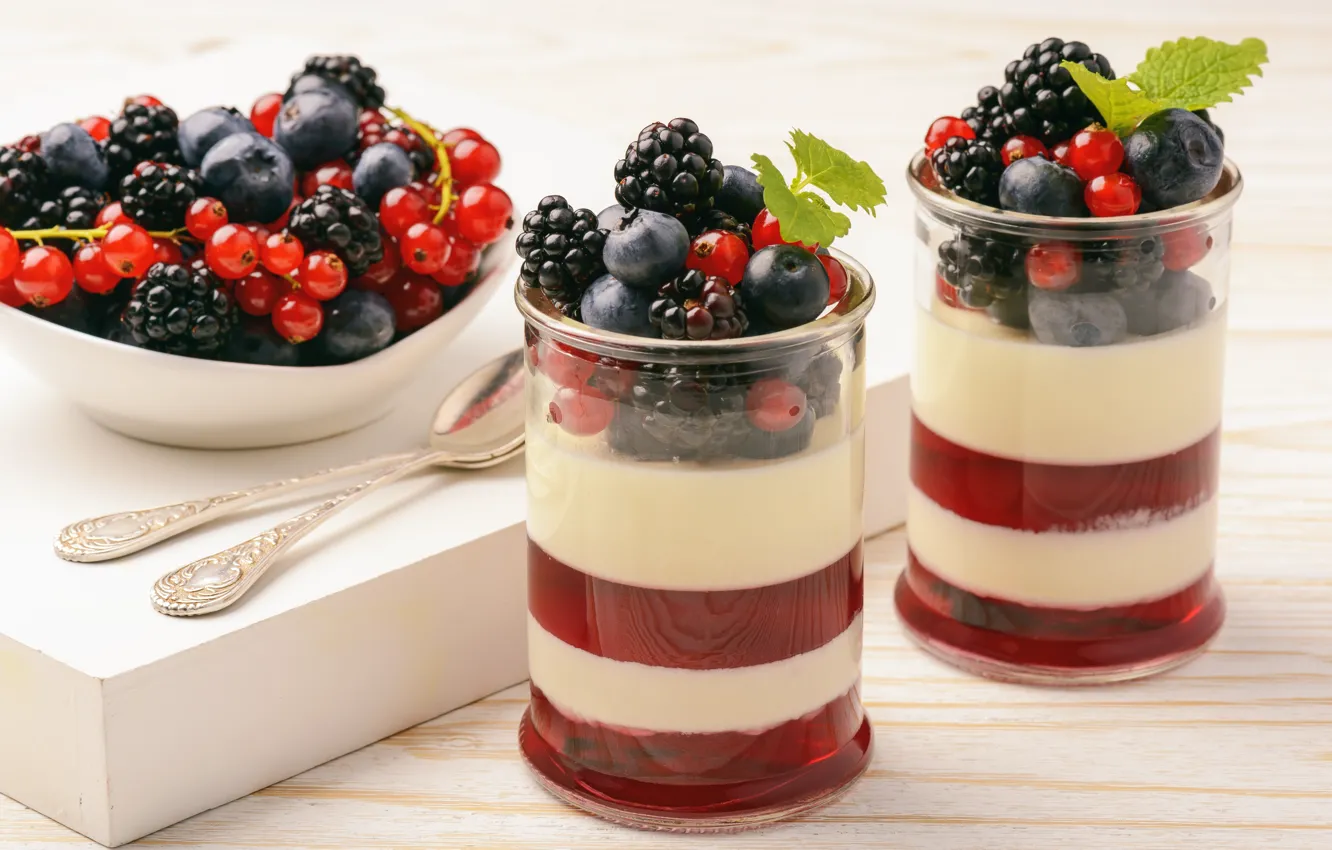 Photo wallpaper berries, dessert, sweet, sweet, jelly, cream, panna cotta