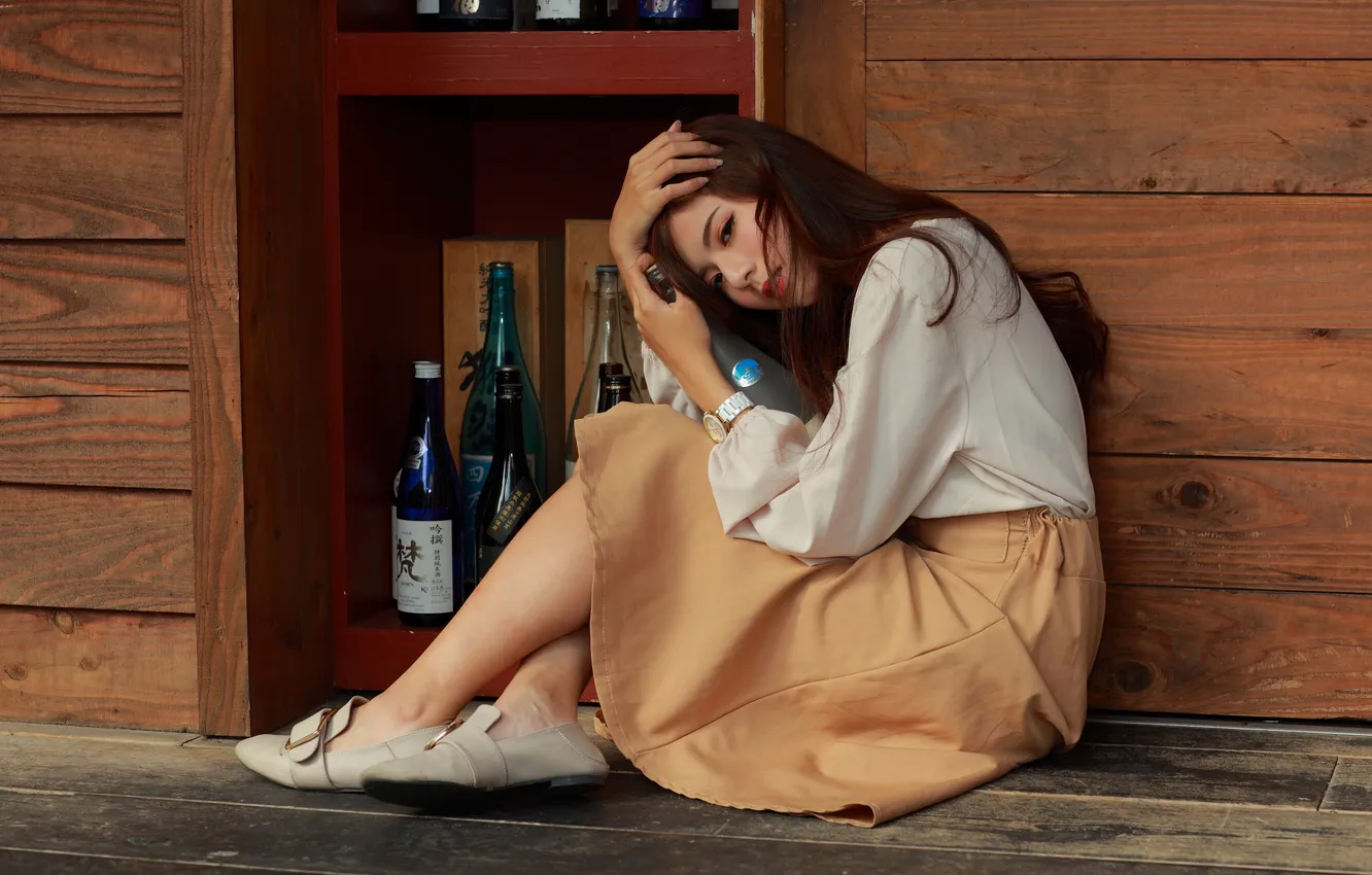 Photo wallpaper girl, bottle, skirt, blouse, Asian