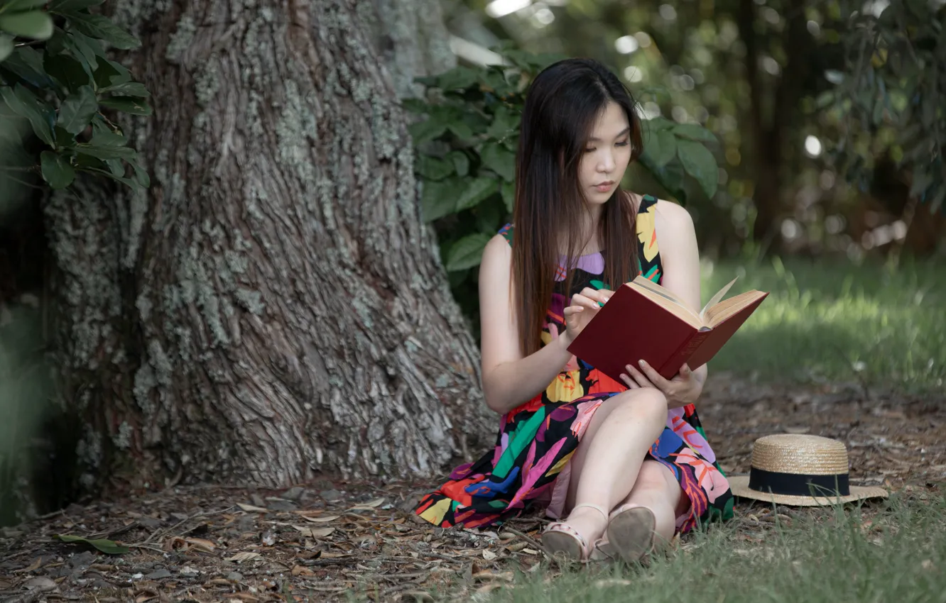 Photo wallpaper girl, book, Asian