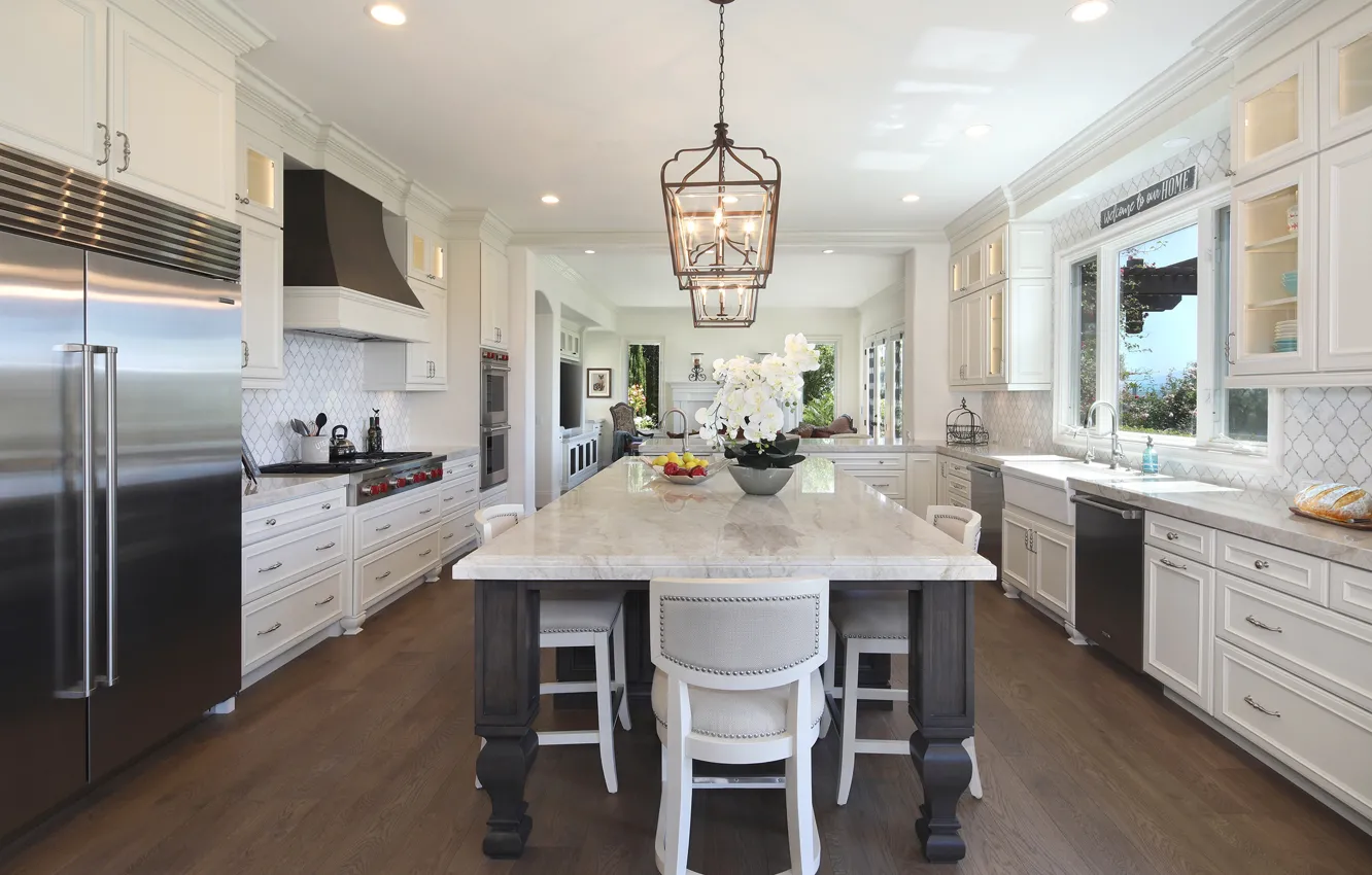 Photo wallpaper design, table, furniture, kitchen, chandelier