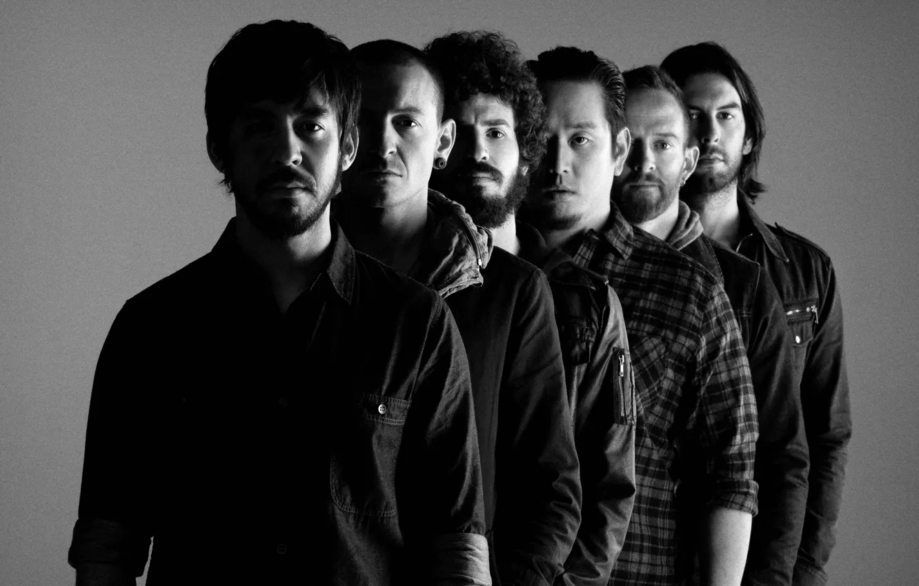 Photo wallpaper photo, background, black and white, men, rock band, American, Linkin Park