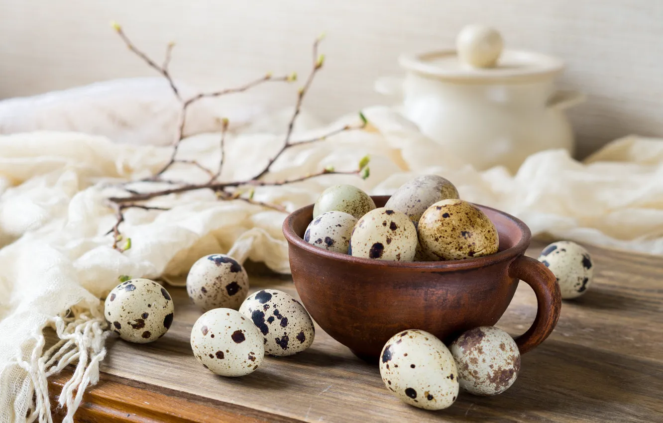 Photo wallpaper branches, table, Board, food, eggs, spring, Easter, Cup