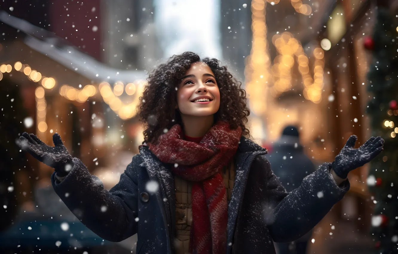 Photo wallpaper girl, joy, face, smile, emotions, holiday, new year, portrait