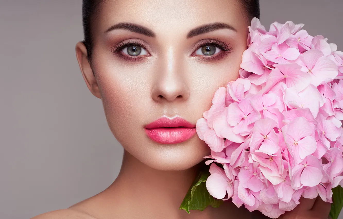 Photo wallpaper eyes, look, girl, flowers, face, sweetheart, hydrangea, Oleg Gekman