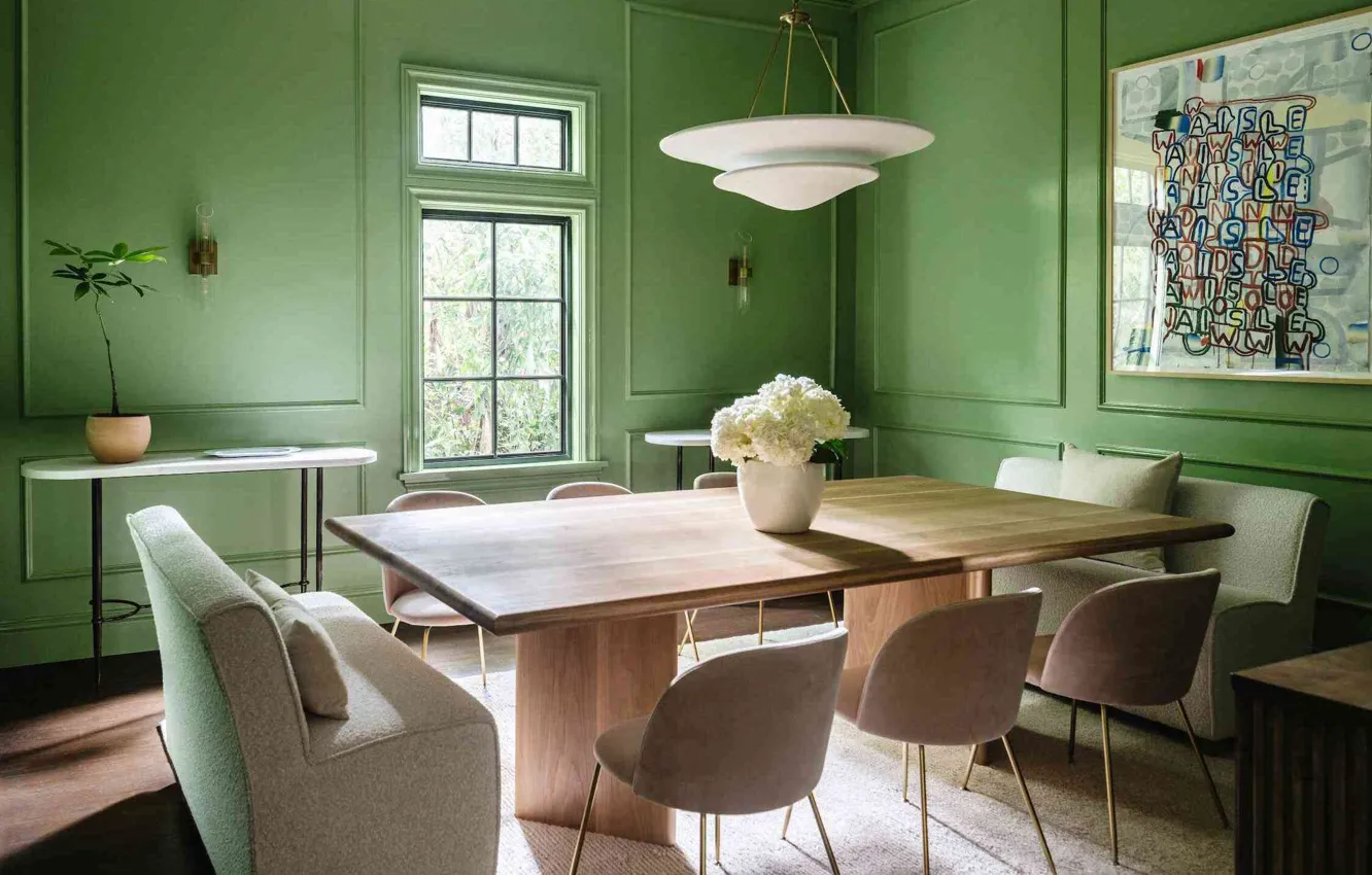 Photo wallpaper design, style, room, interior, modern, dining room, solid green, Palm-Beach