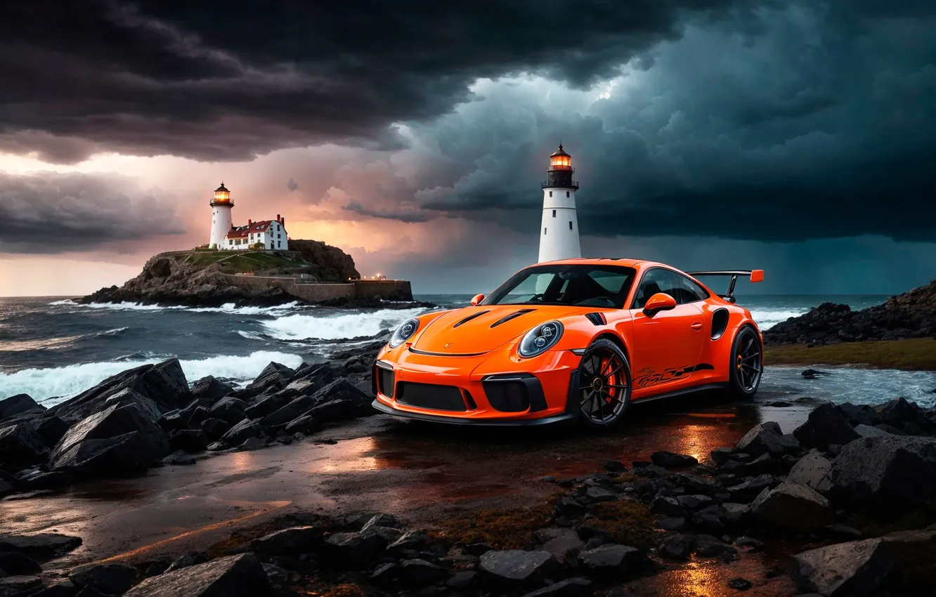 Photo wallpaper sea, machine, auto, lighthouse, island, Porsche 911, Porsche 911 GT3 RS, neural network