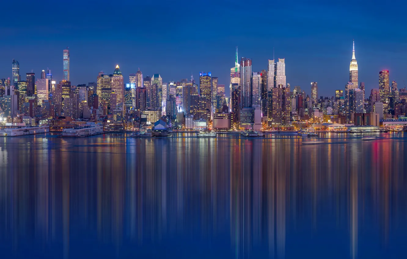 Photo wallpaper the city, river, coast, home, New York, the evening, pier, USA