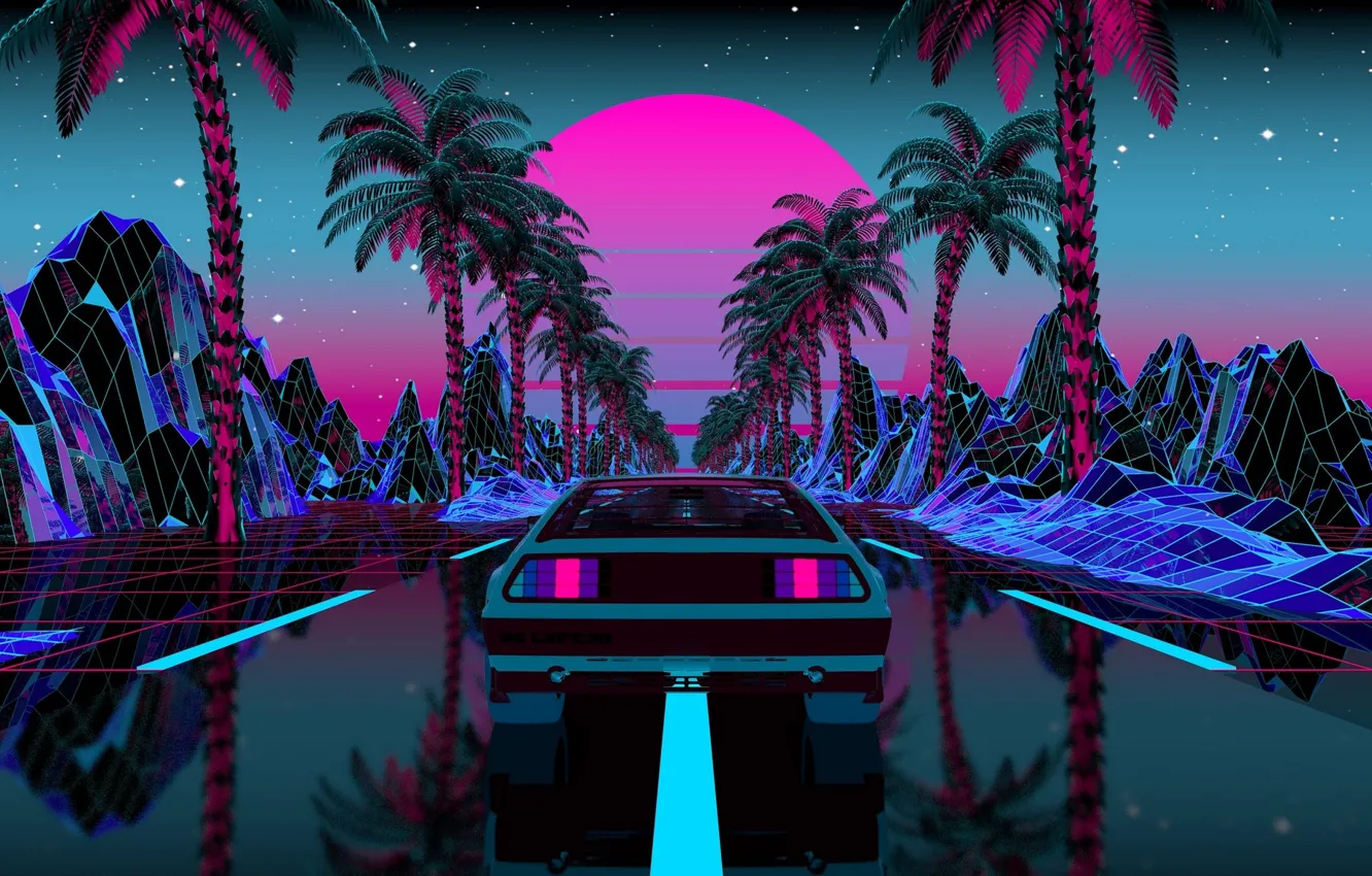 Photo wallpaper machine, retro, reflection, palm trees, neon, mirror, cyberpunk, digital art