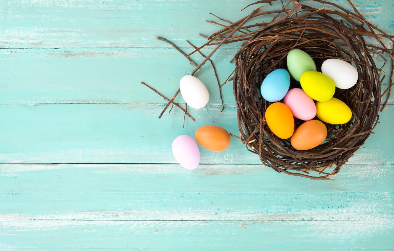 Photo wallpaper basket, eggs, spring, colorful, Easter, wood, spring, Easter