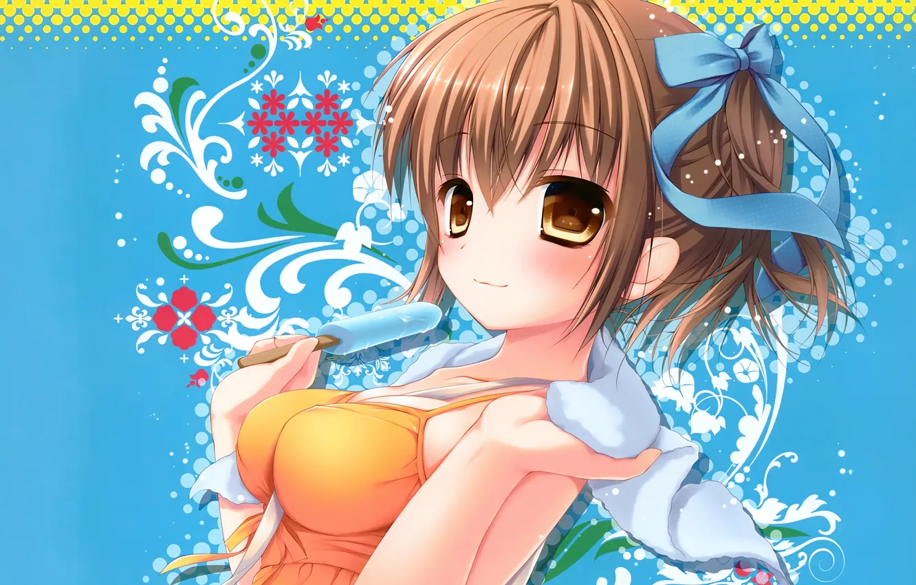 Photo wallpaper girl, cleavage, blouse, brown eyes, boobs, anime, beautiful, short hair