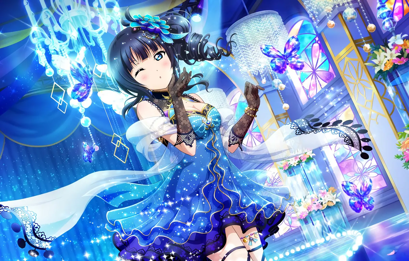 Photo wallpaper girl, sexy, cleavage, long hair, dress, boobs, anime, blue eyes