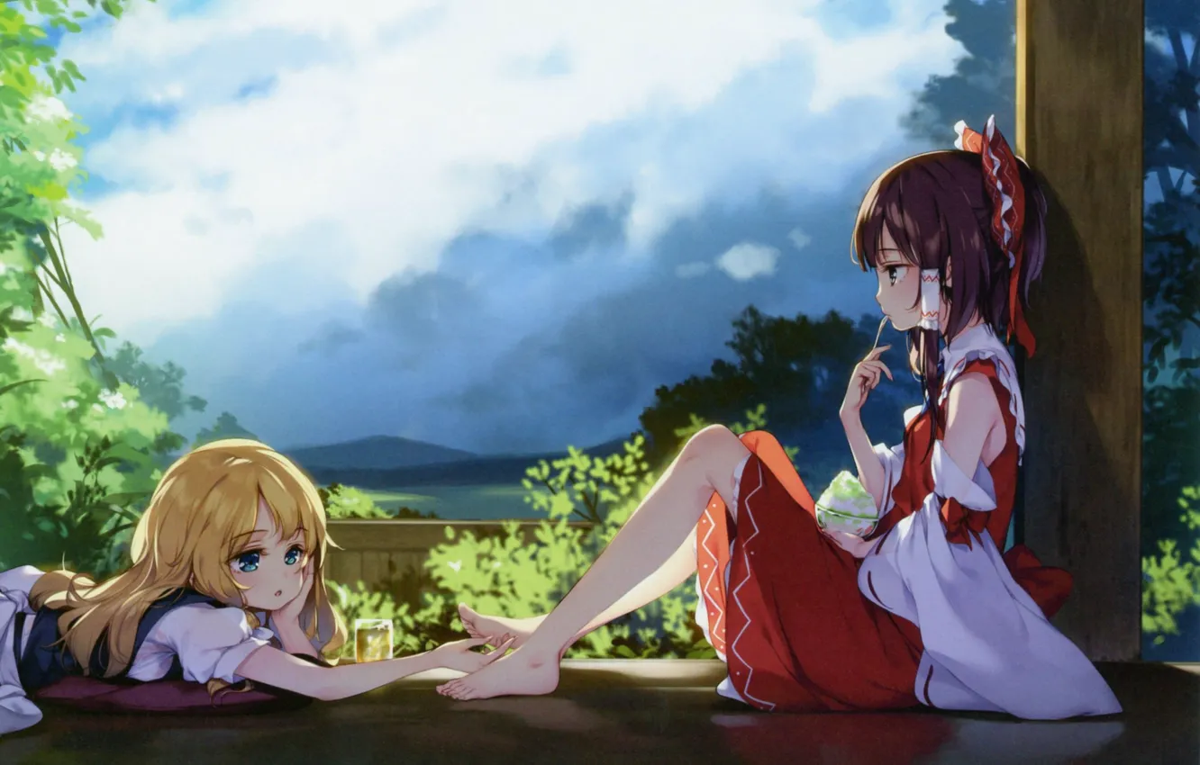 Photo wallpaper summer, stay, Japan, ice cream, veranda, art, barefoot, Hakurei Reimu