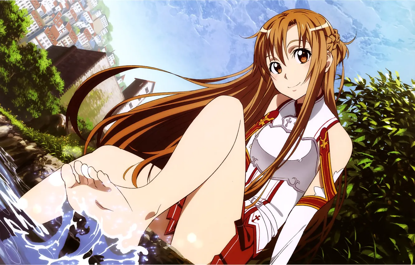 Photo wallpaper clouds, the city, smile, the game, anime, girl, game, character