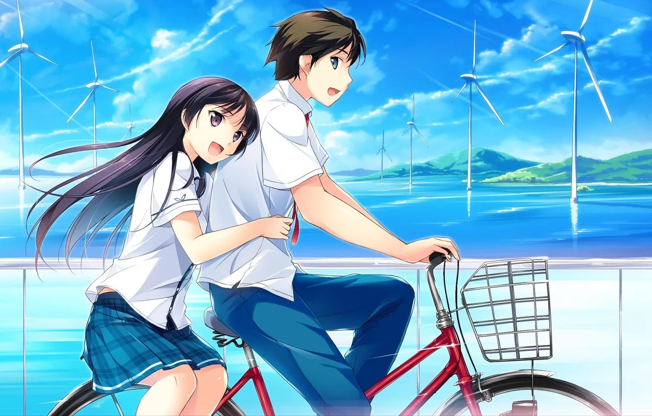 Photo wallpaper the sky, girl, mountains, bike, mood, pair, Bay, guy