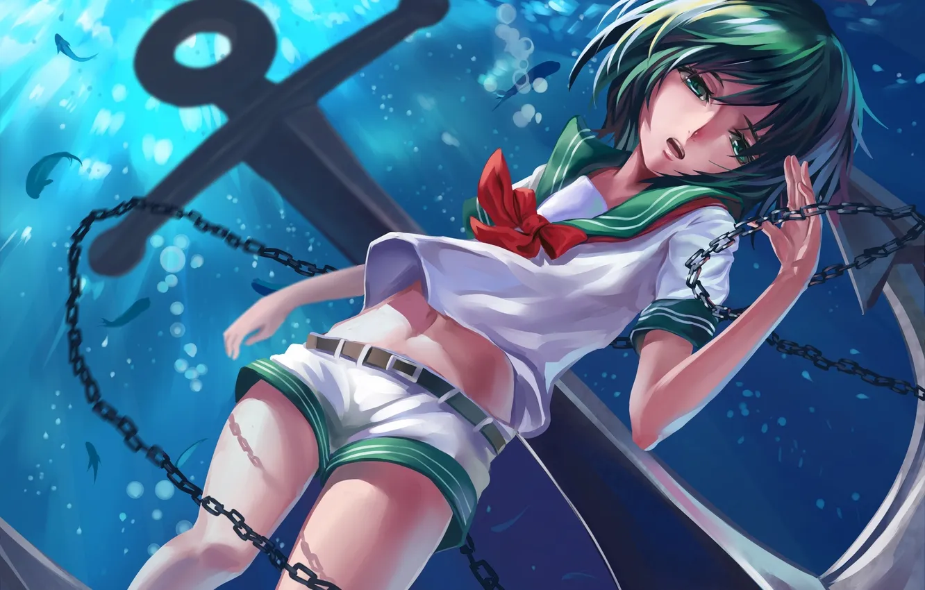 Photo wallpaper girl, bubbles, fish, art, chain, under water, touhou, anchor