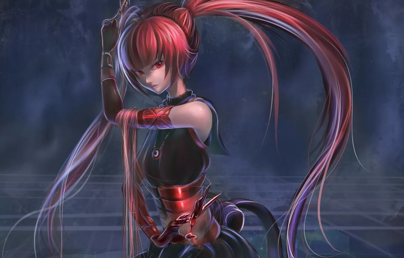 Photo wallpaper girl, art, scissors, ponytail, post