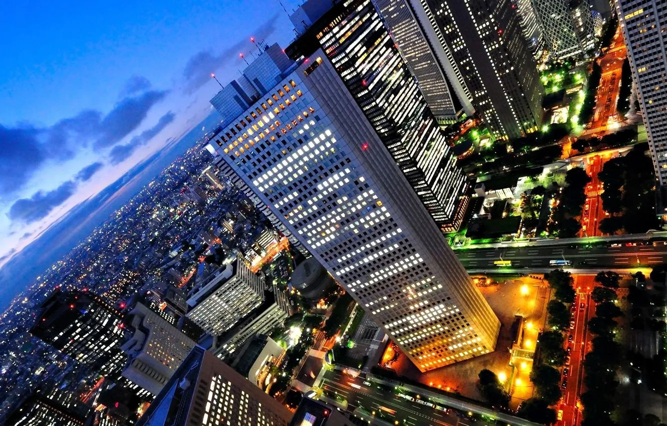 Photo wallpaper light, the city, lights, street, skyscrapers, the evening