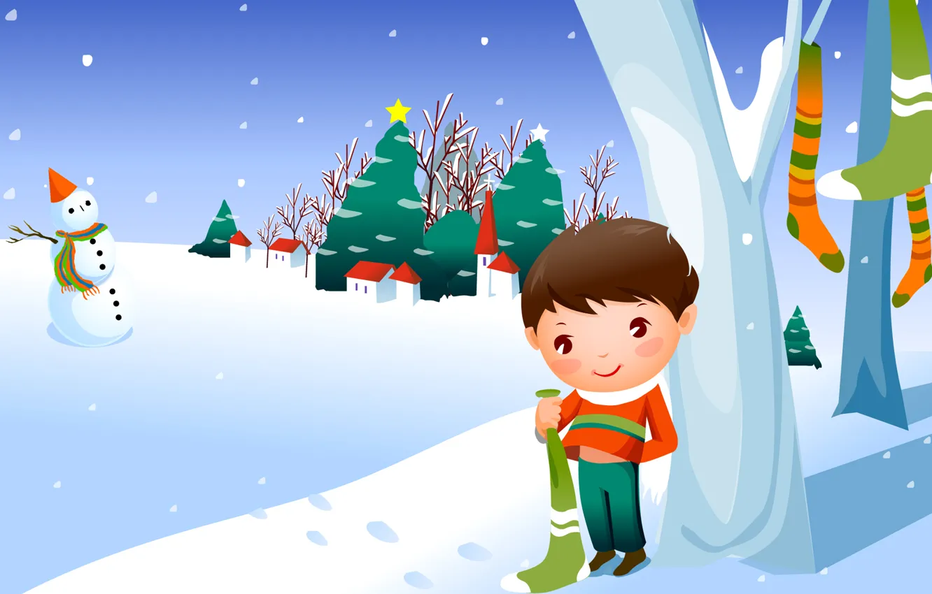Photo wallpaper winter, snow, boy, snowman, the village, tree, baby Wallpaper