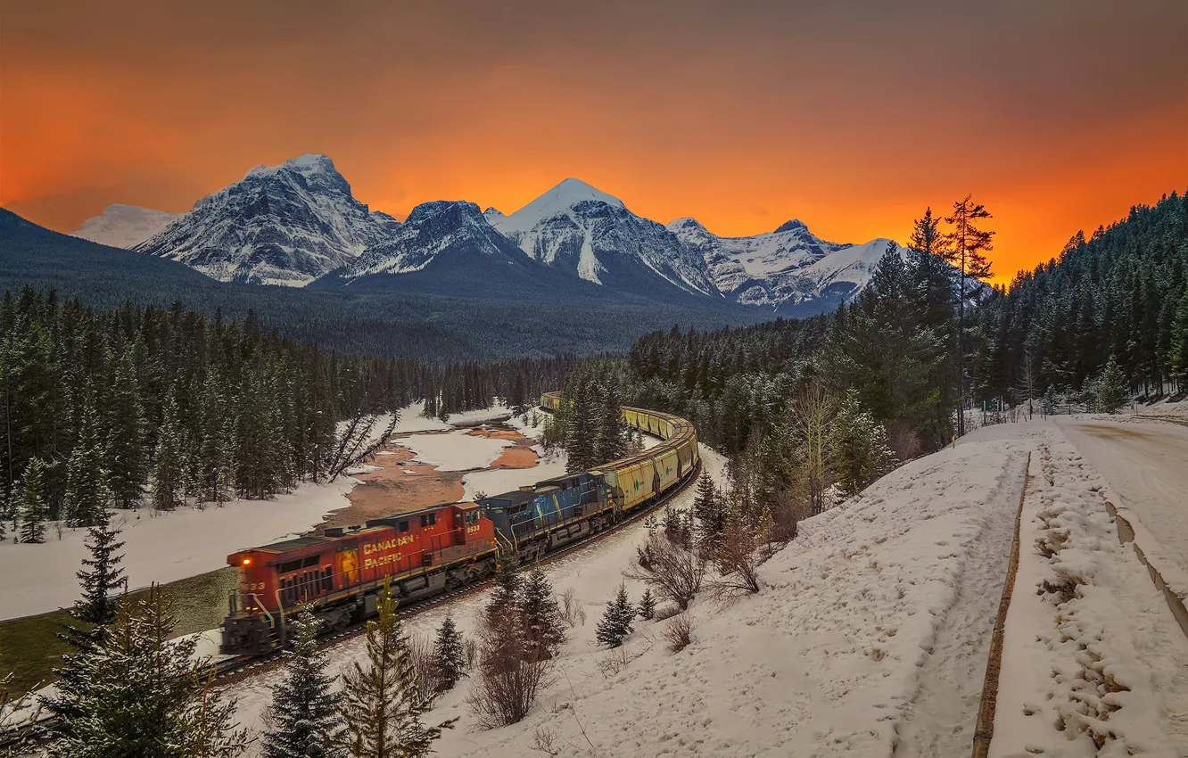 Photo wallpaper trees, mountains, train, Canada