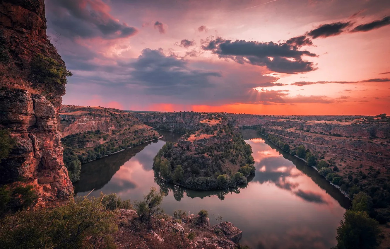 Photo wallpaper sunset, river, rocks, Spain, Spain, Segovia, Segovia, Duratón River