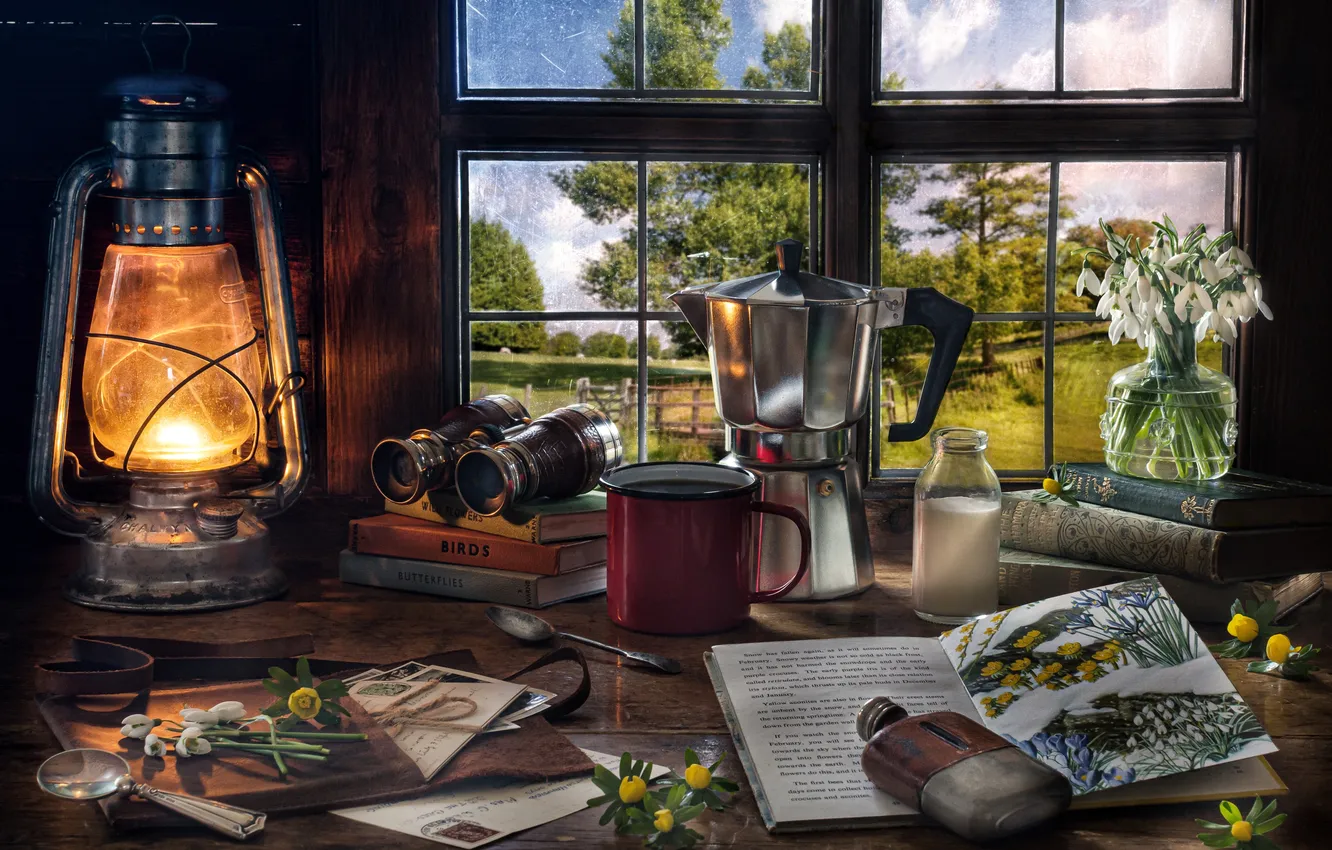 Photo wallpaper bouquet, window, binoculars, book, lilies of the valley, kerosene lamp