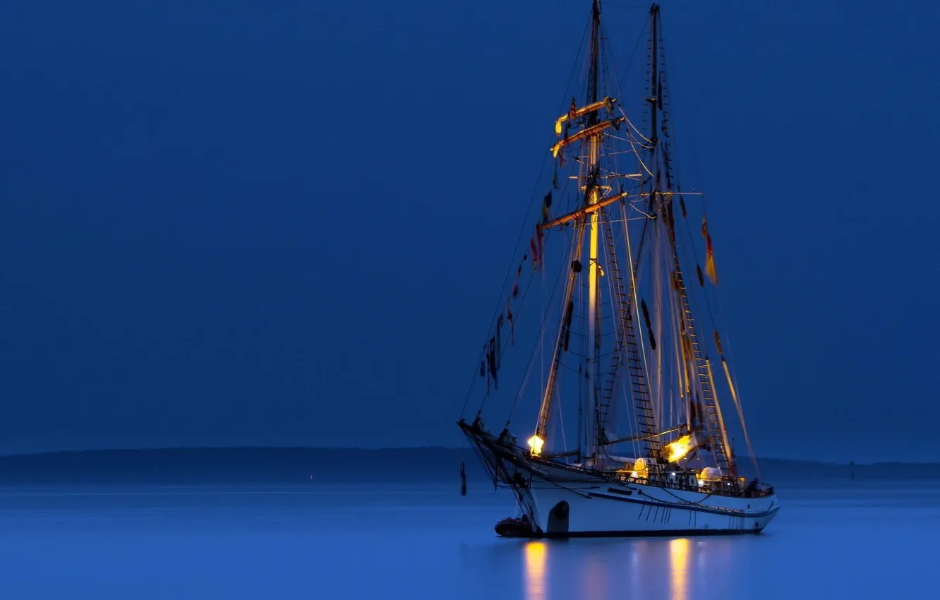 Photo wallpaper sea, night, coast, ship, sailboat, calm, at anchor