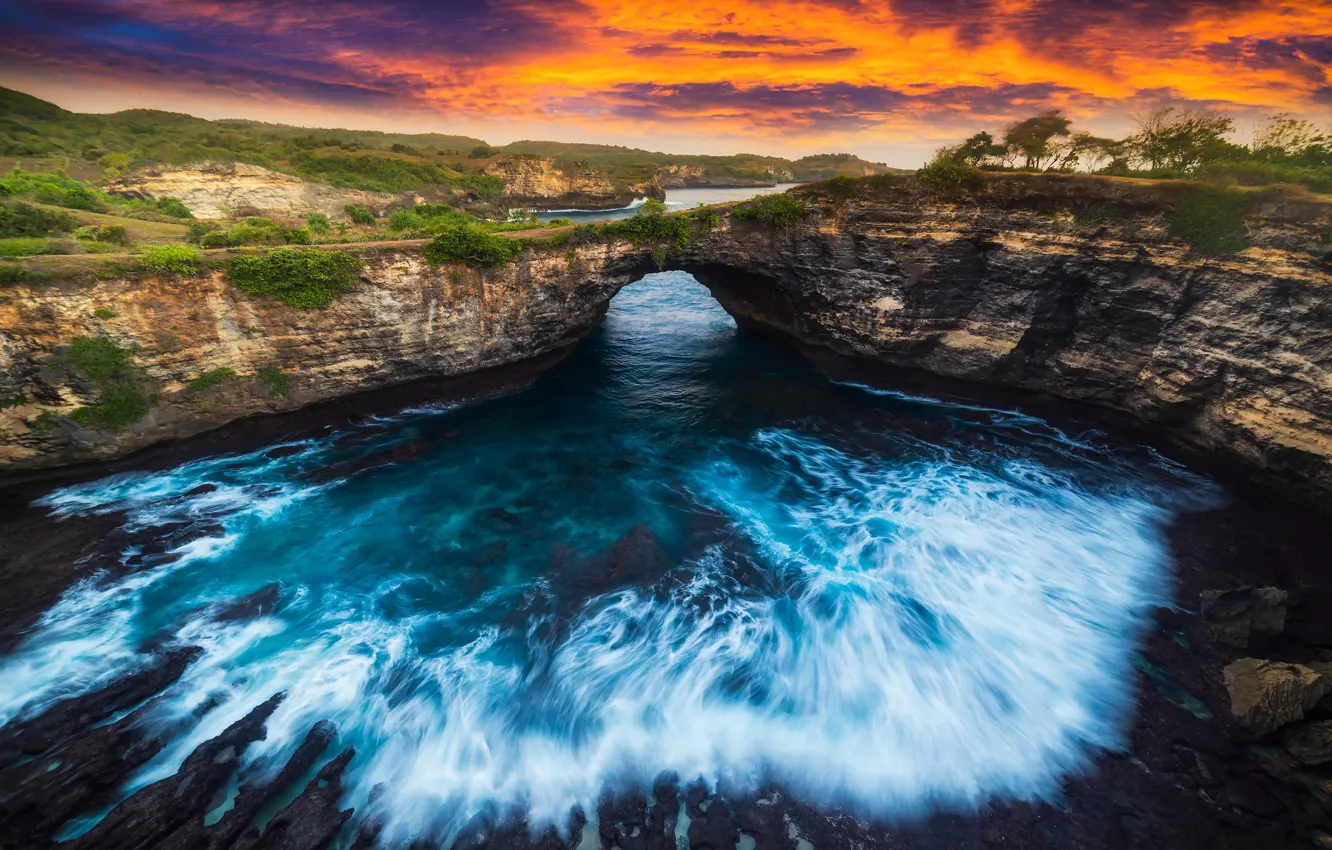 Photo wallpaper sea, wave, the sky, landscape, sunset, nature, stones, rocks