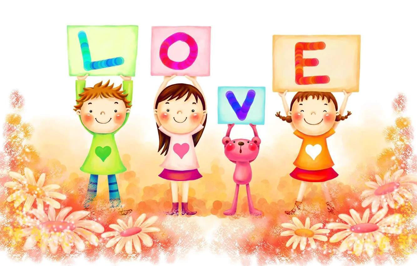 Photo wallpaper love, joy, happiness, children, letters, mood, chamomile, bright
