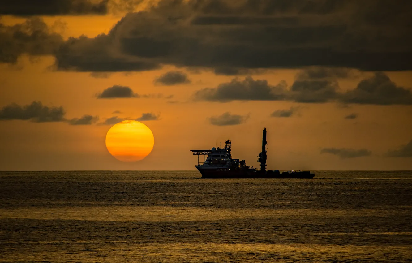 Photo wallpaper sea, the sky, the sun, clouds, sunset, ship