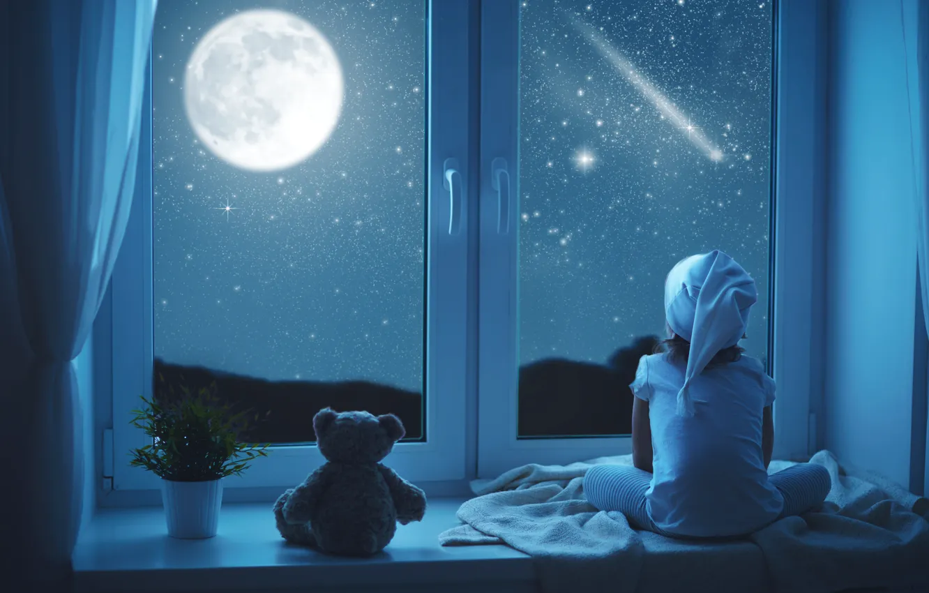 Photo wallpaper night, the moon, child, window, bear, girl, sitting