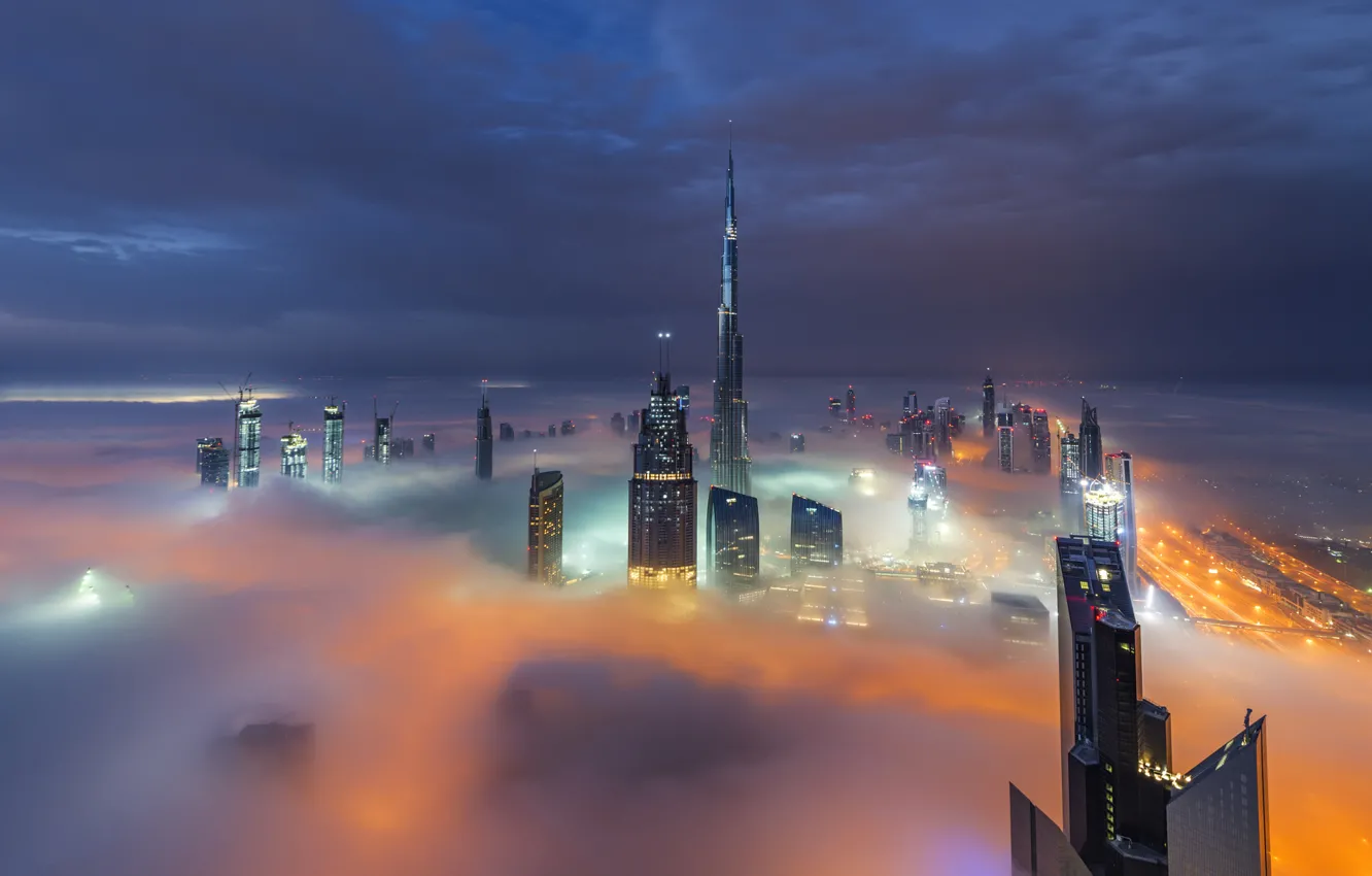 Photo wallpaper clouds, the city, lights, home, the evening, Dubai, UAE, haze.fog