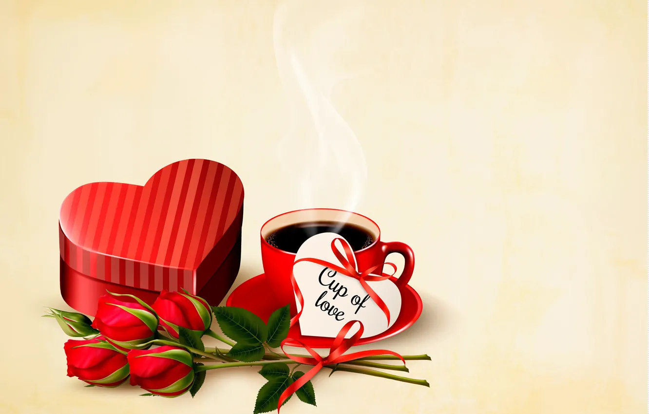 Photo wallpaper love, flowers, romance, heart, figure, coffee, roses