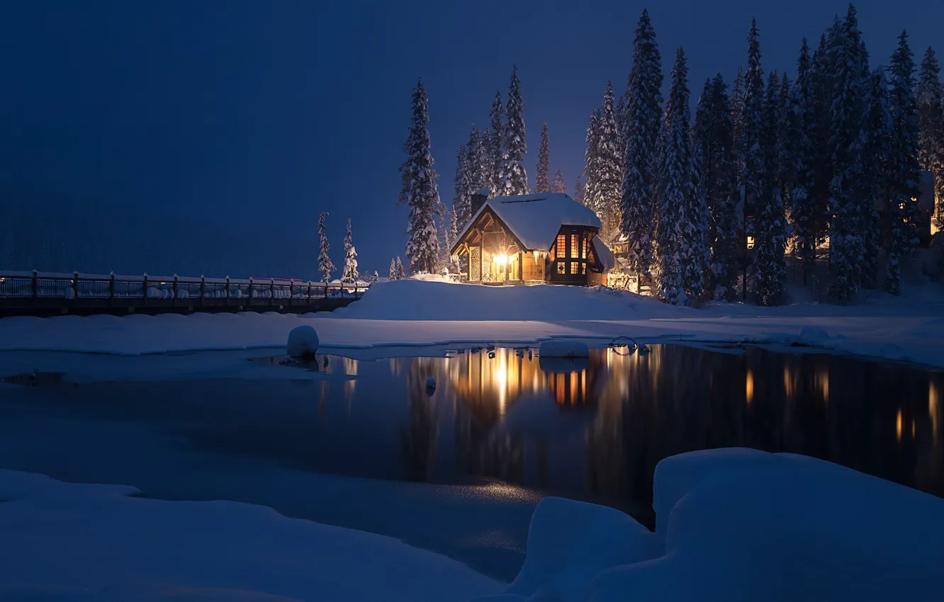 Photo wallpaper winter, snow, river, tree, home, lights