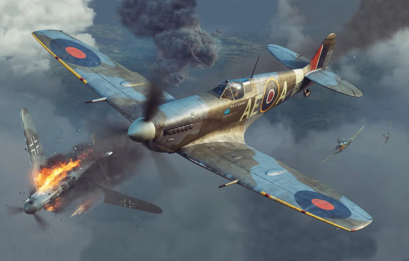 Photo wallpaper fighter, UK, Supermarine Spitfire, RAF, Piotr Forkasiewicz, Spitfire Mk.Vb Late