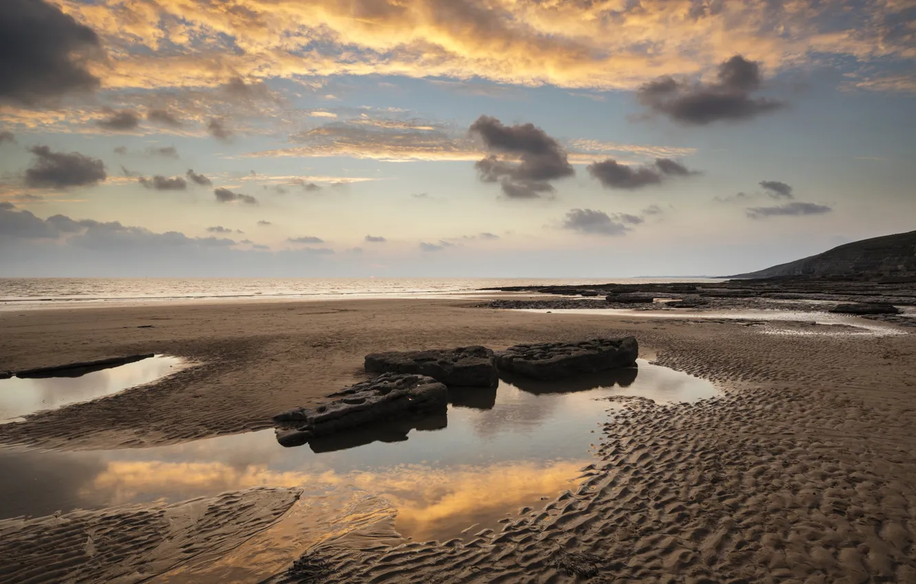 Photo wallpaper sand, sea, the sky, clouds, stones, coast, horizon, UK