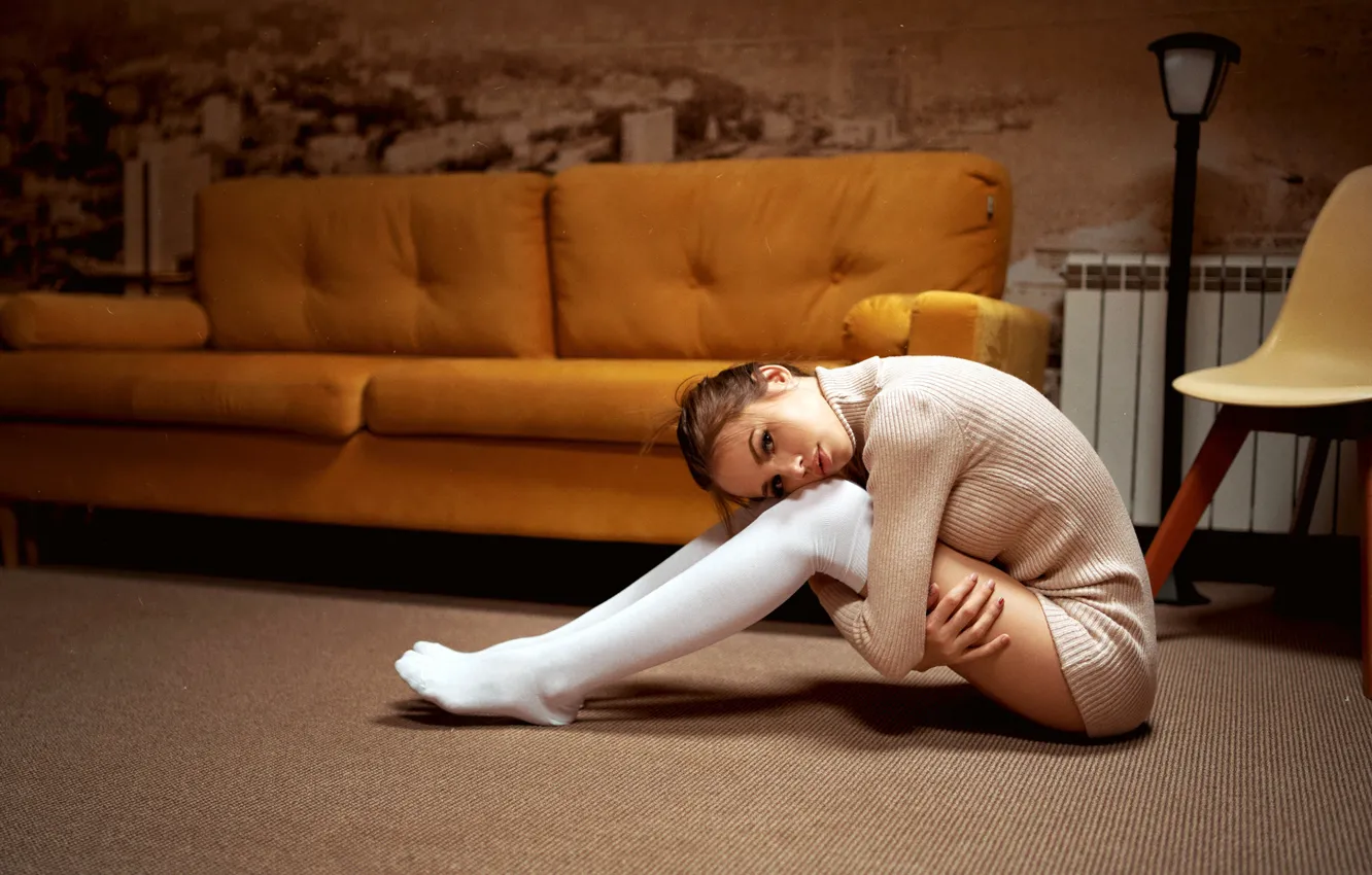 Photo wallpaper look, pose, sofa, carpet, model, portrait, stockings, makeup