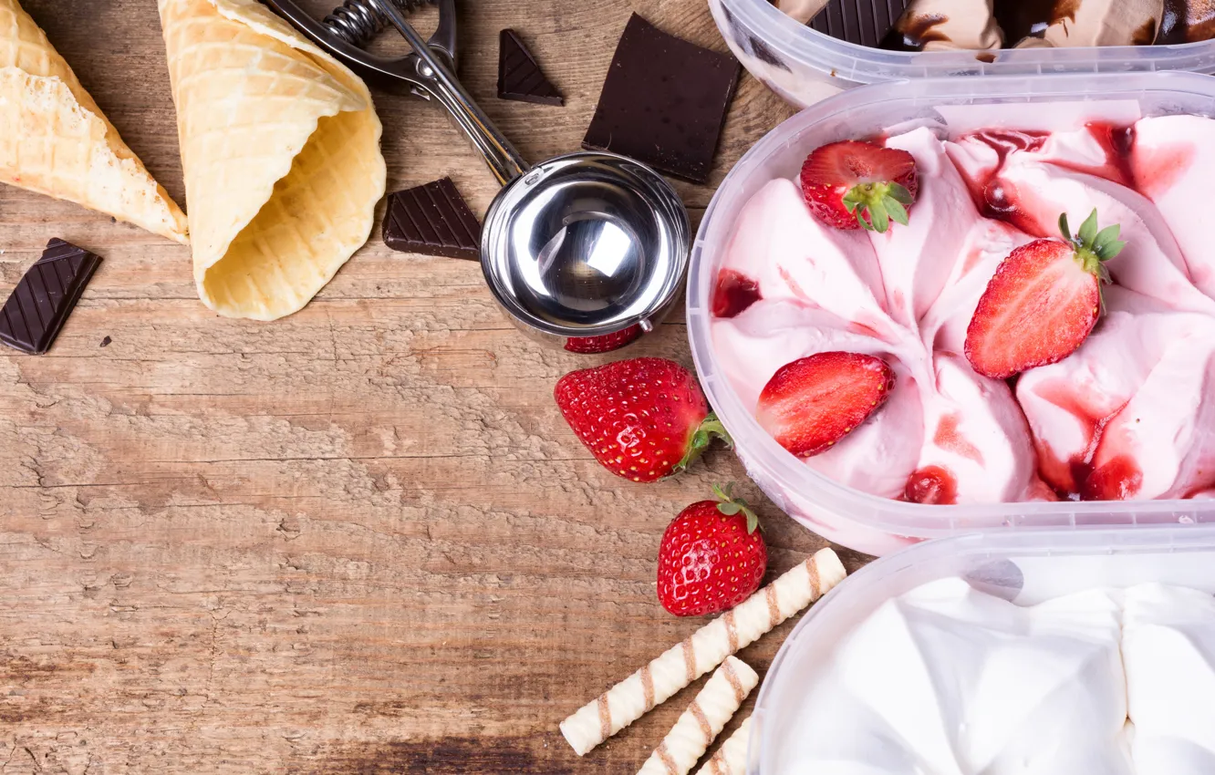 Photo wallpaper berries, chocolate, strawberry, ice cream, wood, ice cream, waffle cone