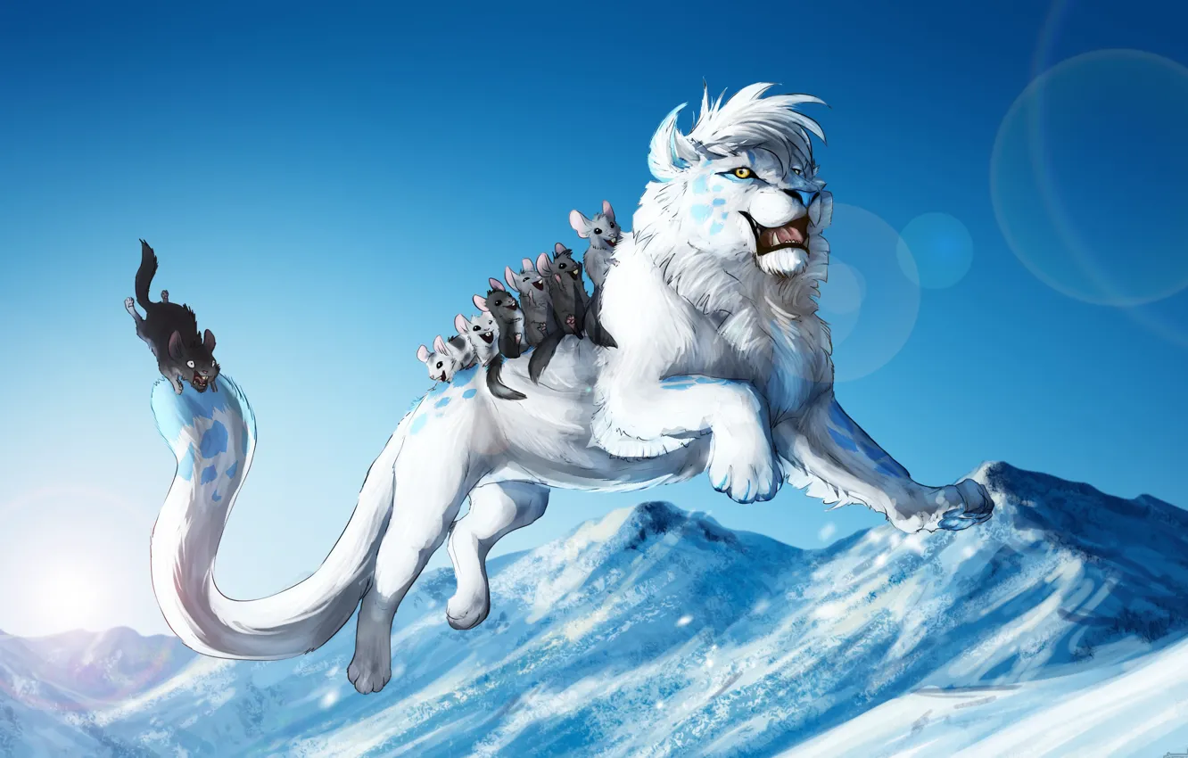 Photo wallpaper cold, winter, animals, snow, game, jump, art, white lion