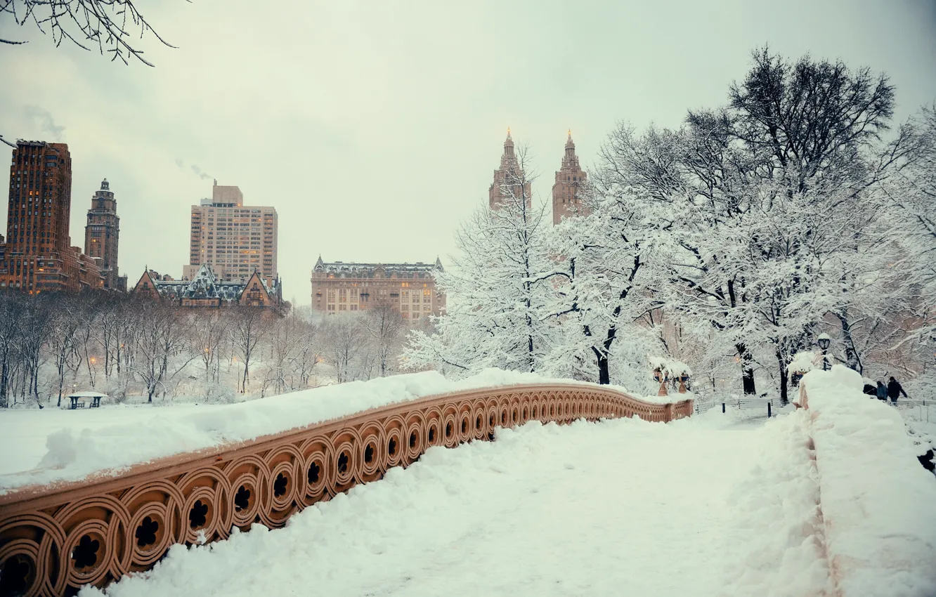 Photo wallpaper winter, snow, trees, bridge, city, Park, landscape, bridge