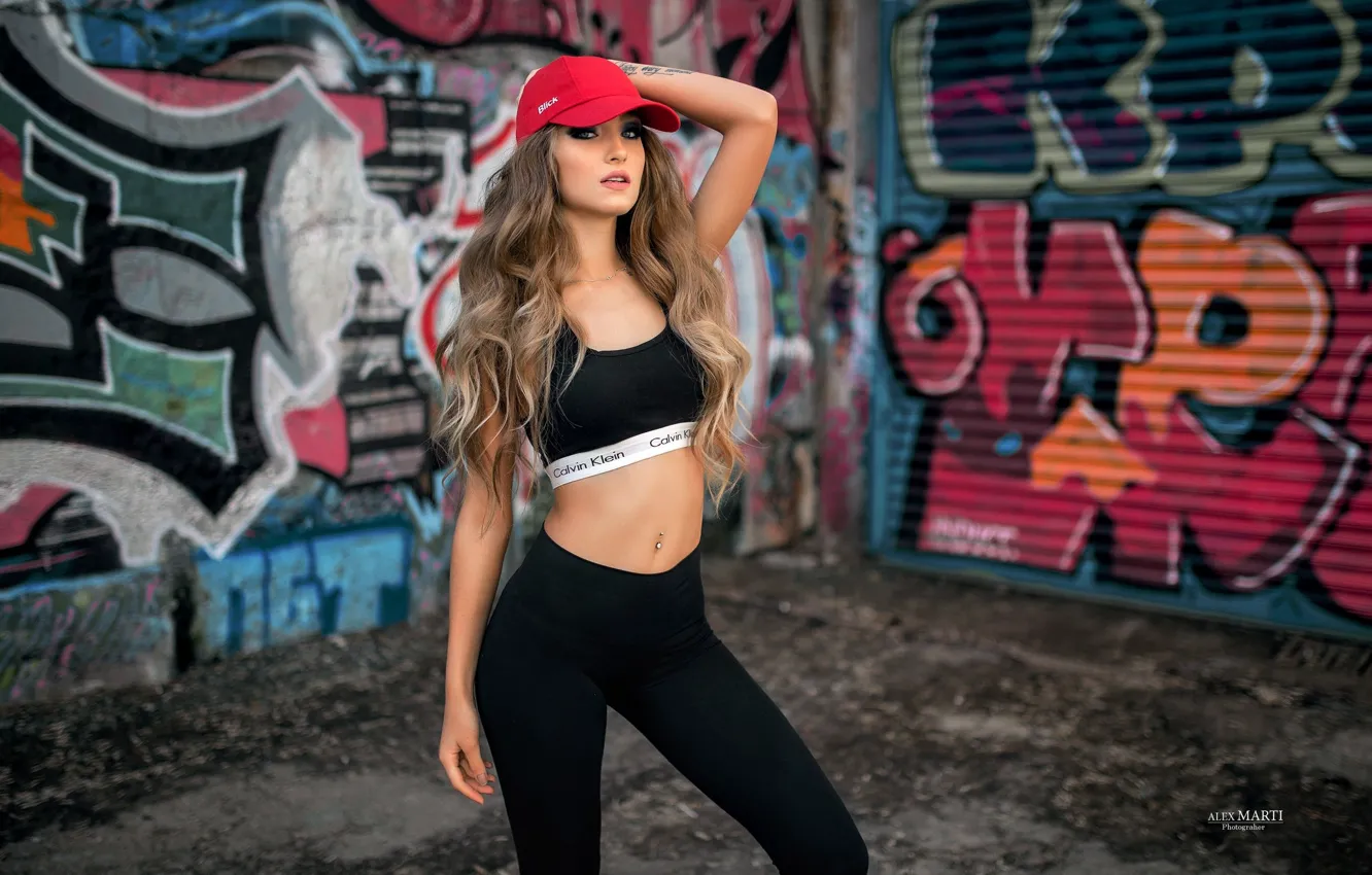 Photo wallpaper girl, red, pose, wall, graffiti, figure, slim, cap