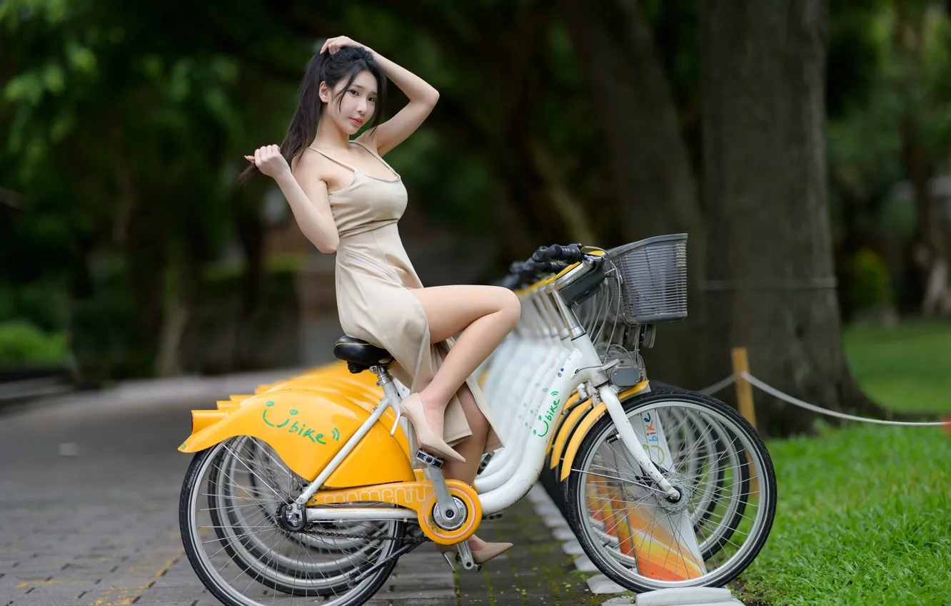 Photo wallpaper brunette, shoes, legs, Asian, beautiful girl, divisions of the day, sitting on a bike