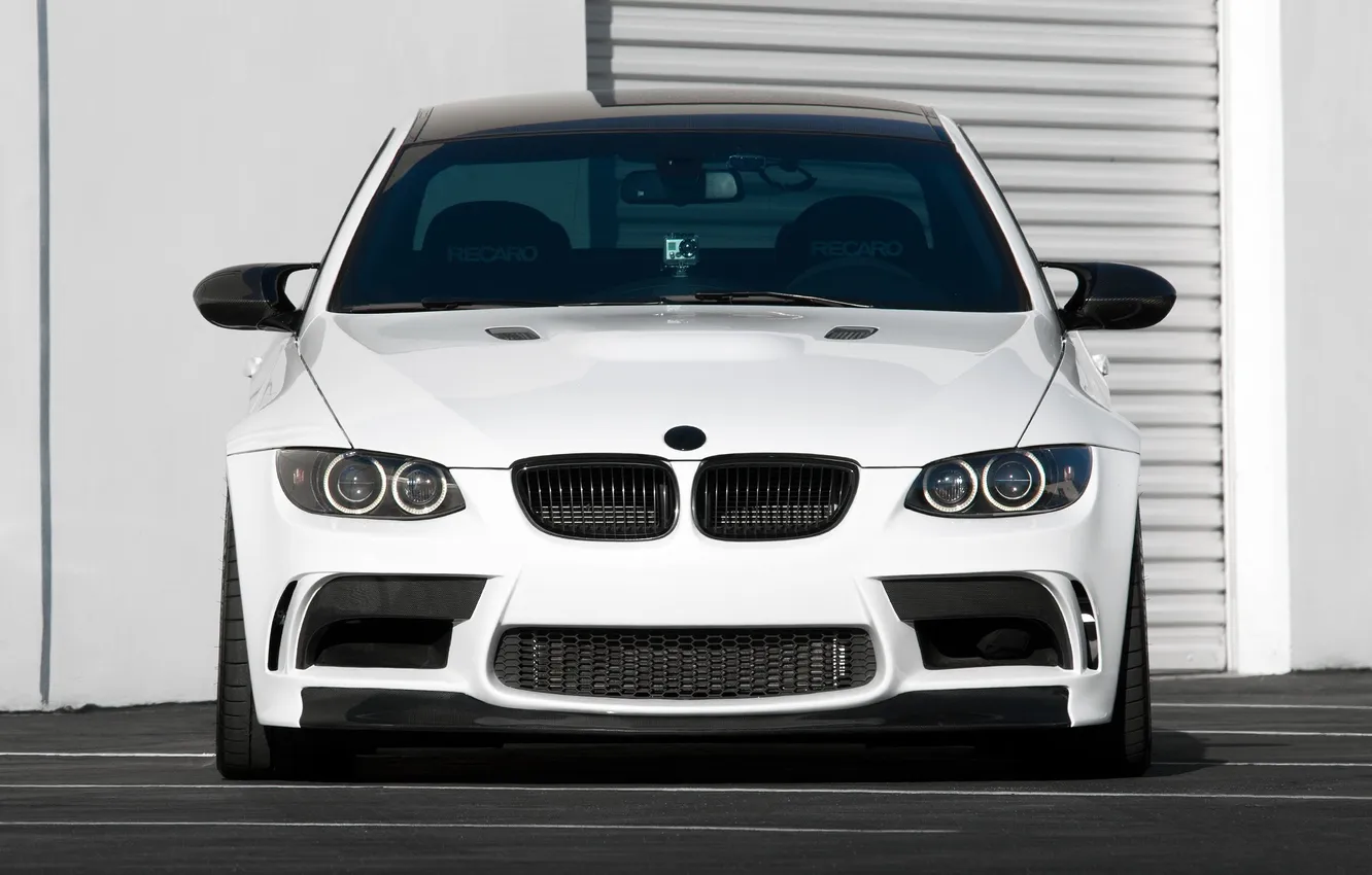 Photo wallpaper white, asphalt, strip, BMW, BMW, white, the front, e92