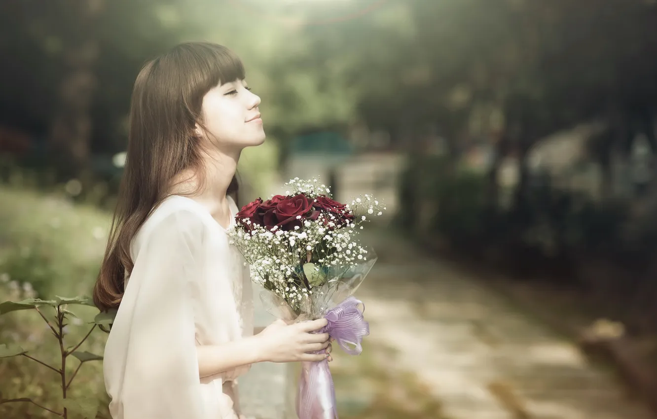 Photo wallpaper girl, flowers, mood