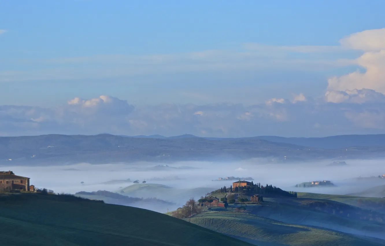 Photo wallpaper the sky, mountains, fog, hills, home, Italy