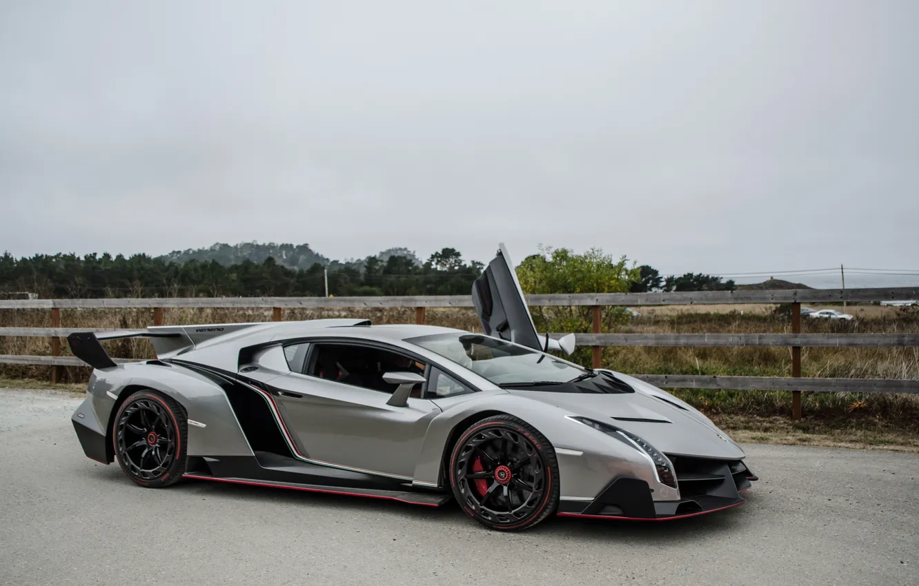 Photo wallpaper road, grey, Lamborghini, the fence, grey, Lamborghini, Veneno