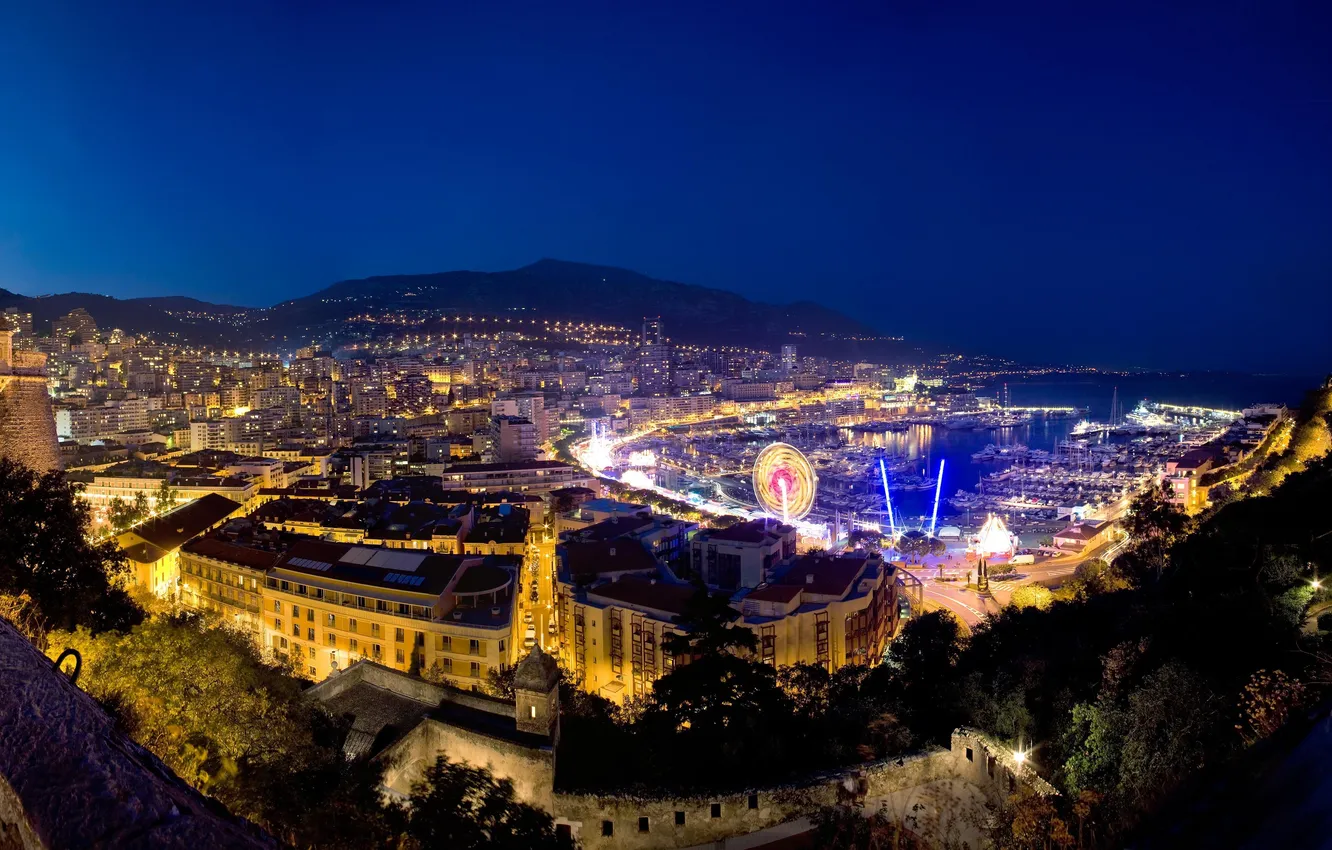Photo wallpaper night, home, yachts, port, Monaco, mountains.