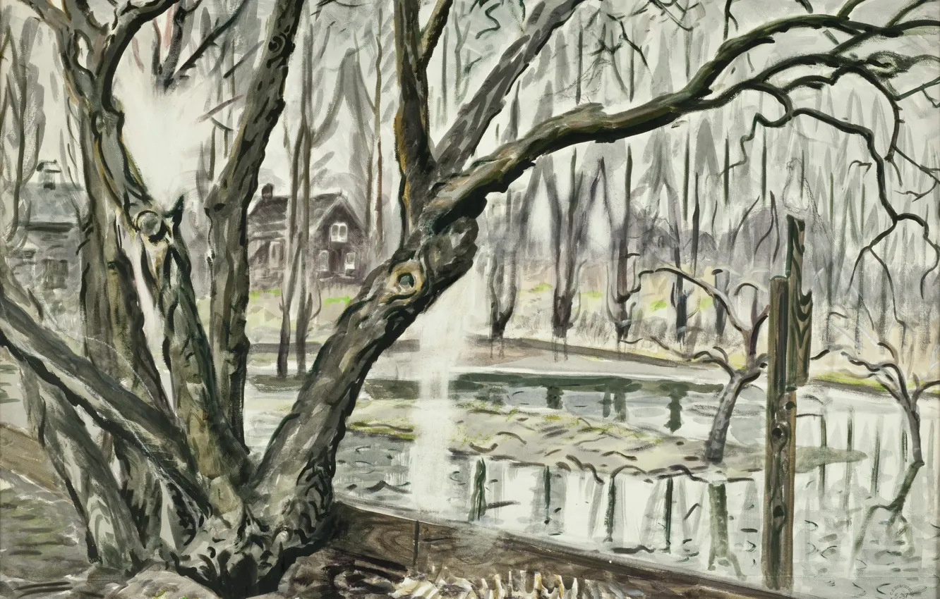 Photo wallpaper 1947, Charles Ephraim Burchfield, Spring Landscape With Trees and Pond