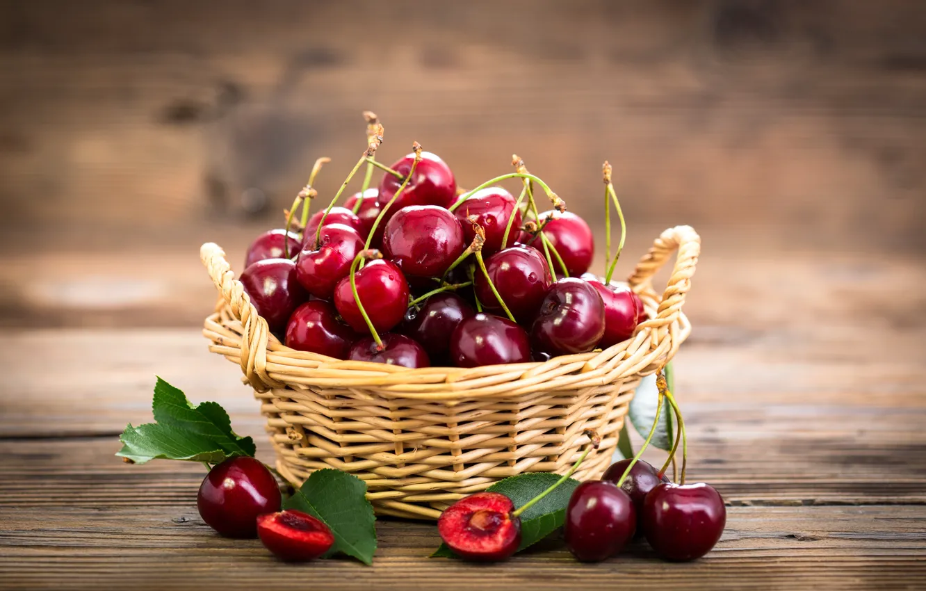 Photo wallpaper berries, basket, fresh, cherry, fruit, ripe, cherry