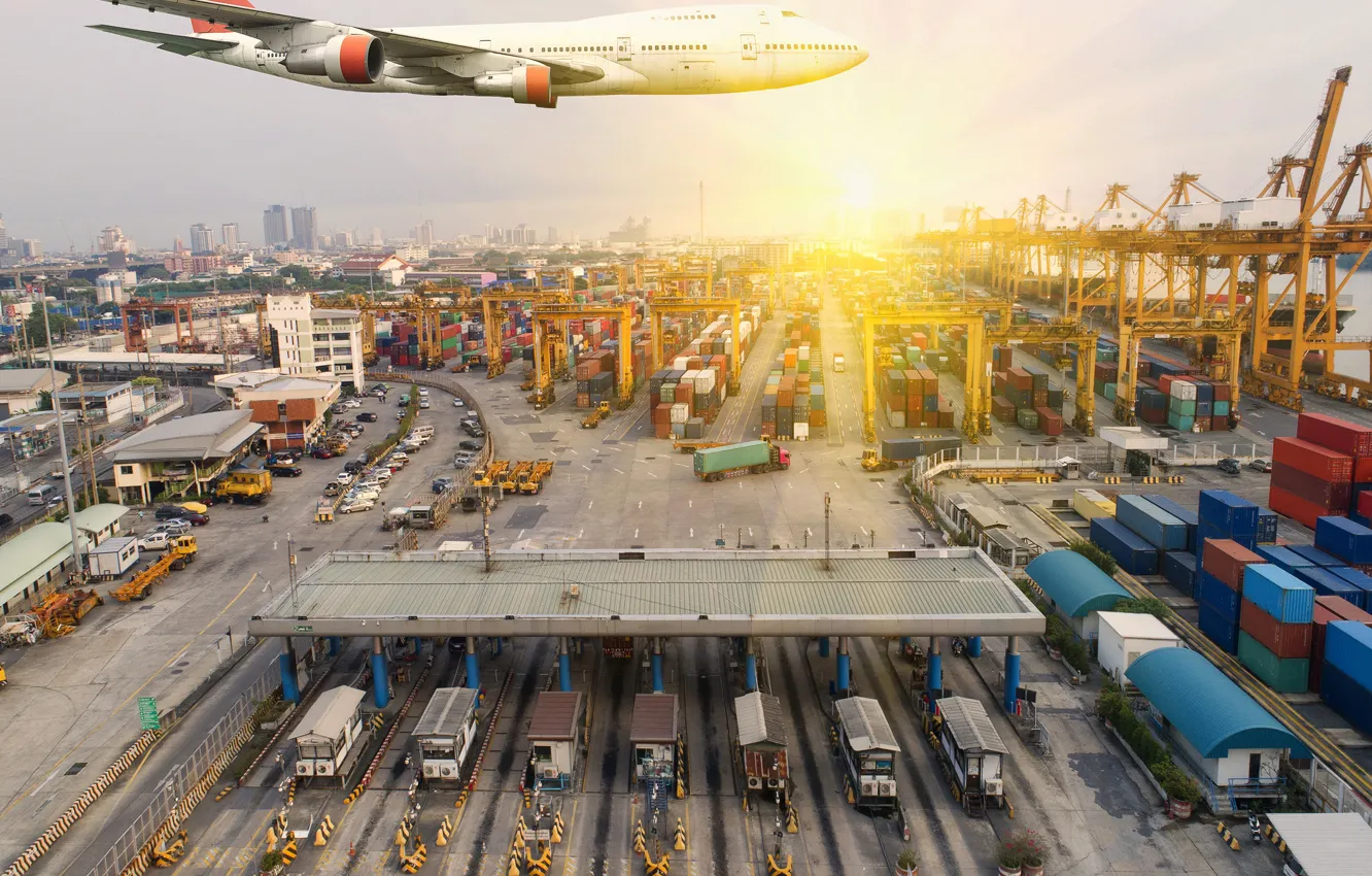 Photo wallpaper the sun, the city, port, the plane, in the sky, Flies