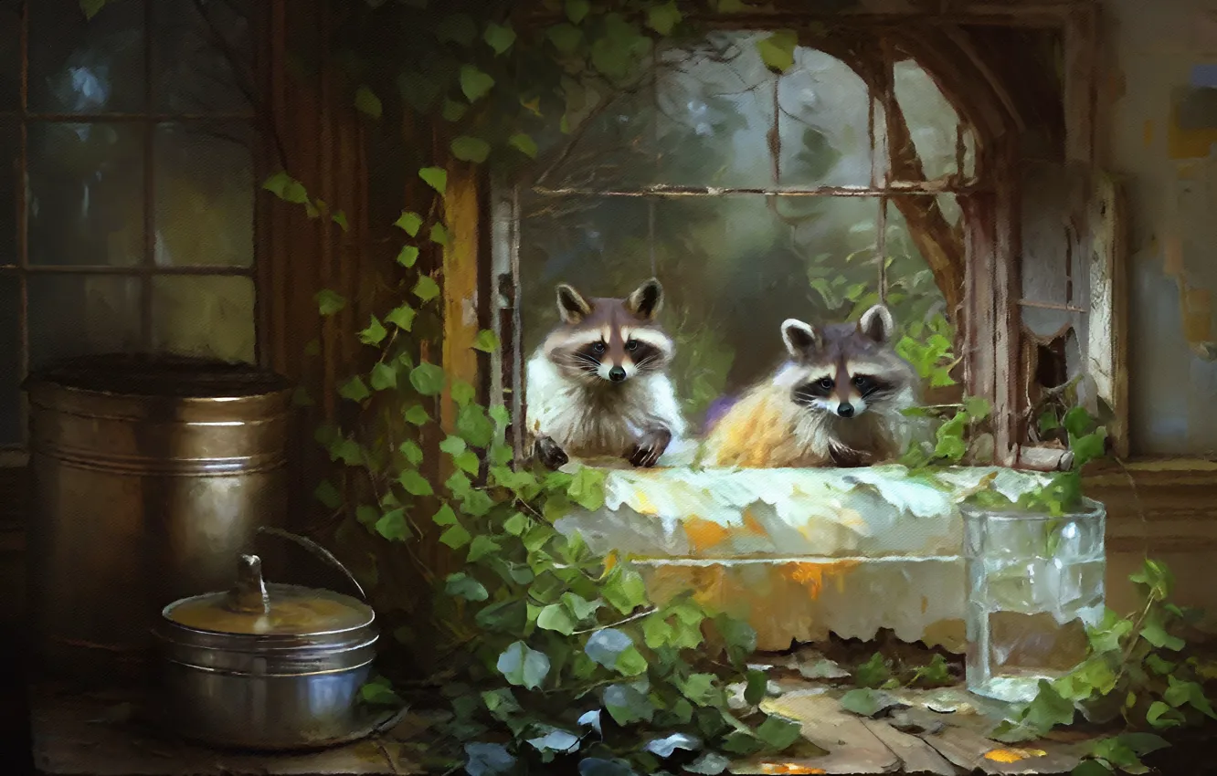 Photo wallpaper home, window, art, raccoon, a couple, ivy, digital painting, digital art